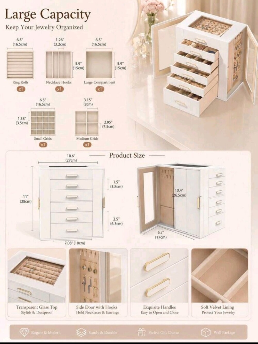 White Jewelry Storage Box with Mirrors - Elegant Multi-Drawer Organizer - Picture 2 of 7